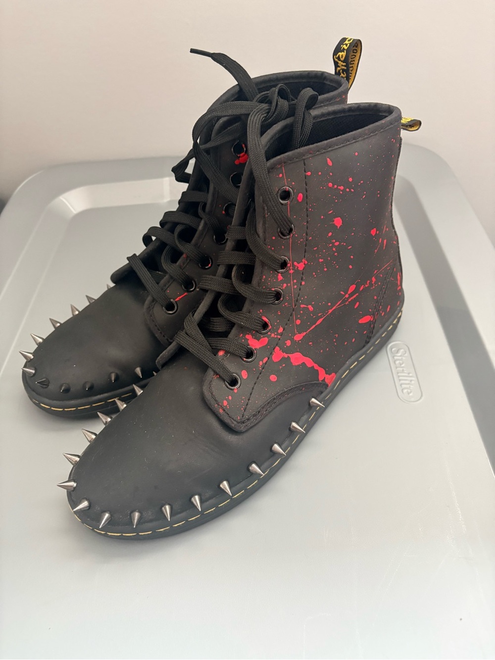 Custom Dr. Martens with Red Paint-Splatter and Spikes